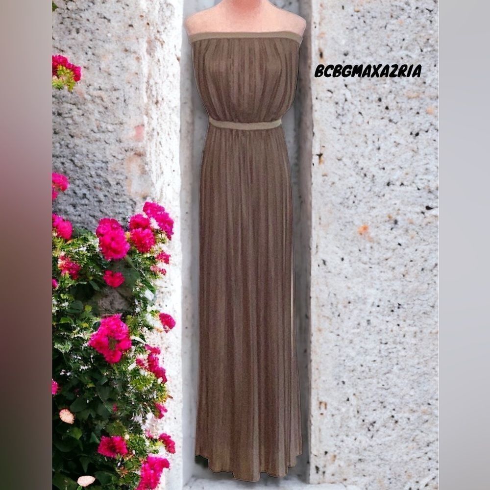 BCBGMAXAZRIA MATEO TAUPE PLEATED ACCORDDION LONG DRESS STRAPLESS SIZE XS